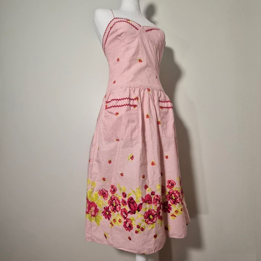 Betsey Johnson Pink Grid Windowpane Plaid Geometric Rose Prairie Farm Dress US 0 - Picture 2 of 10